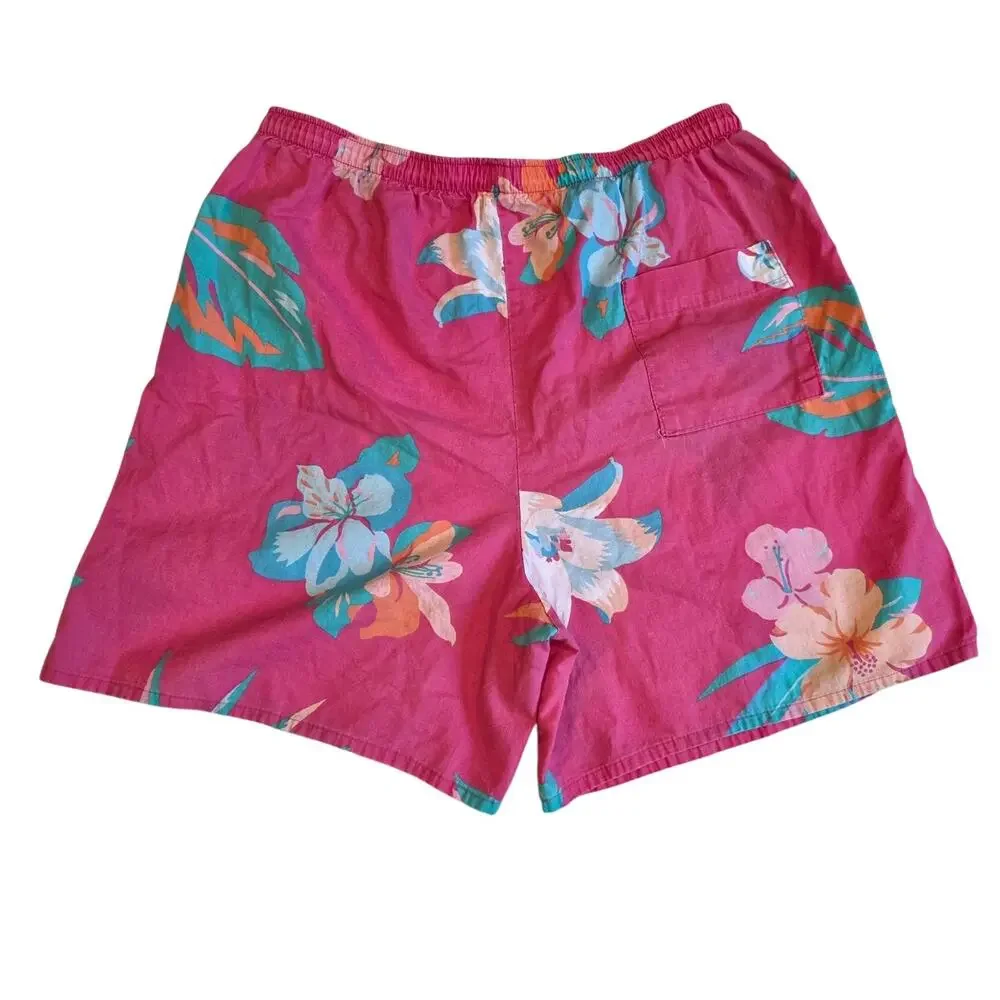 Vintage Floral Hawaiian Shorts Pink Tropical Large